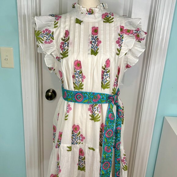 Victoria Dunn Dresses & Skirts - Victoria Dunn White Block Print Ruffle Belted Capri‎ Mini Dress Size XL